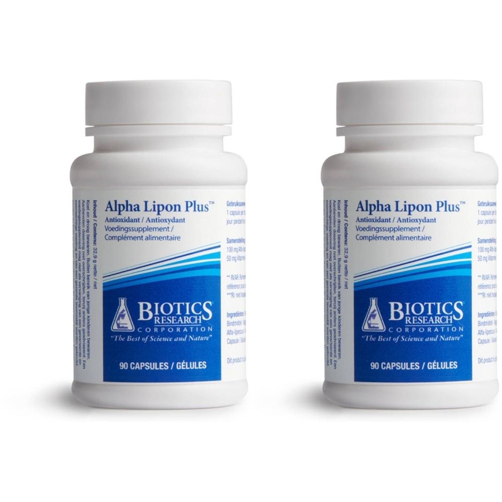 Deux flacons blancs avec bouchons à vis. Inscription: Alpha Lipon Plus, antioxydant. Marque: BIOTICS RESEARCH CORPORATION. Contient 90 gélules.