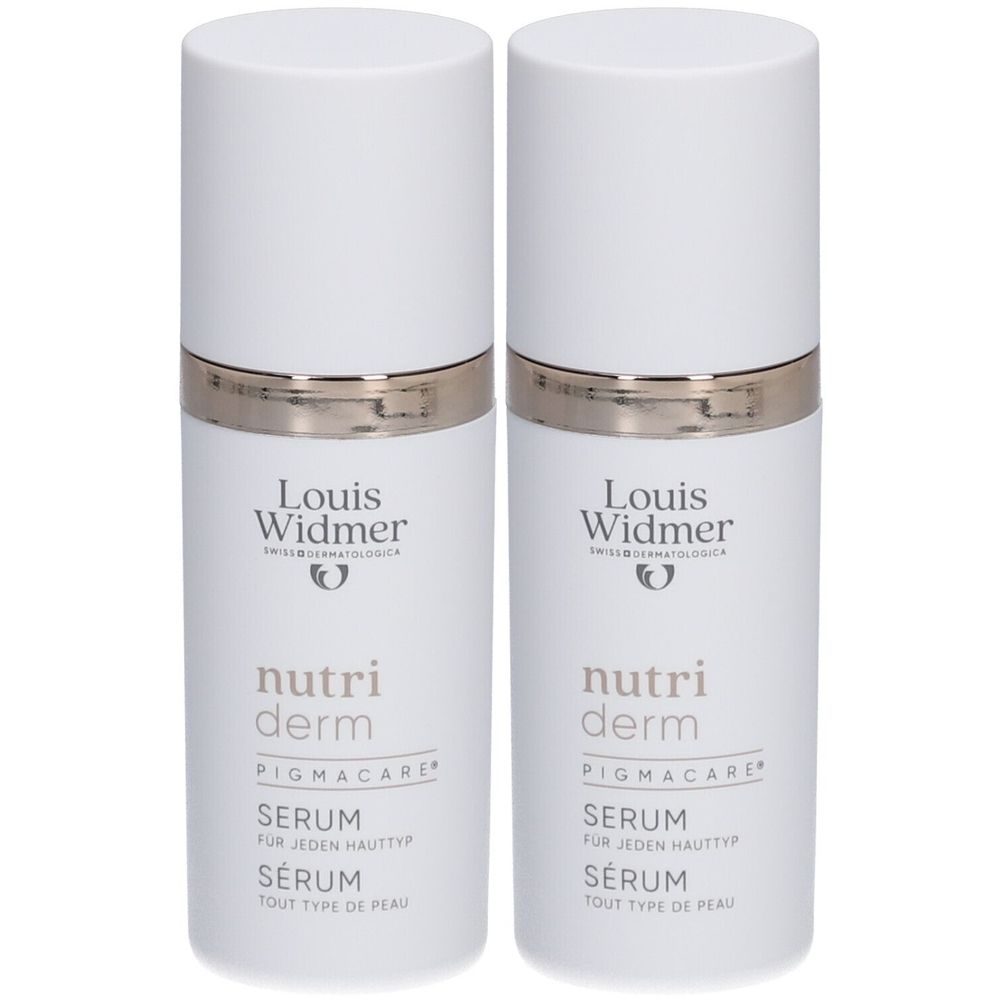 Deux flacons blancs Louis Widmer Nutriderm Pigmacare Serum. Inscription: Sérum, tout type de peau.