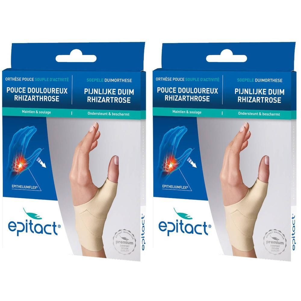 Deux boîtes d'orthèse de pouce Epitact®. Beige, avec nom du produit et illustration d'une main douloureuse. Texte en allemand et néerlandais.