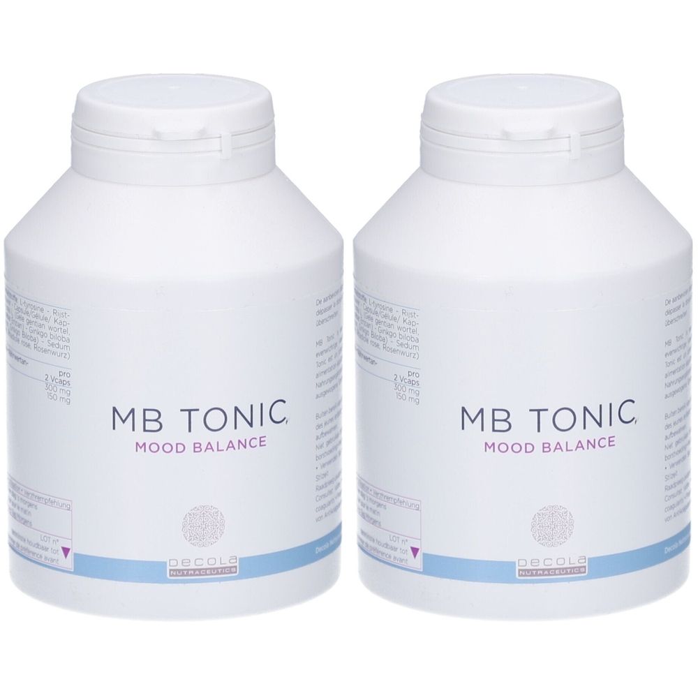 Deux flacons blancs avec bouchons. Inscription: MB TONIC MOOD BALANCE. En dessous, Decola Dermatologica.