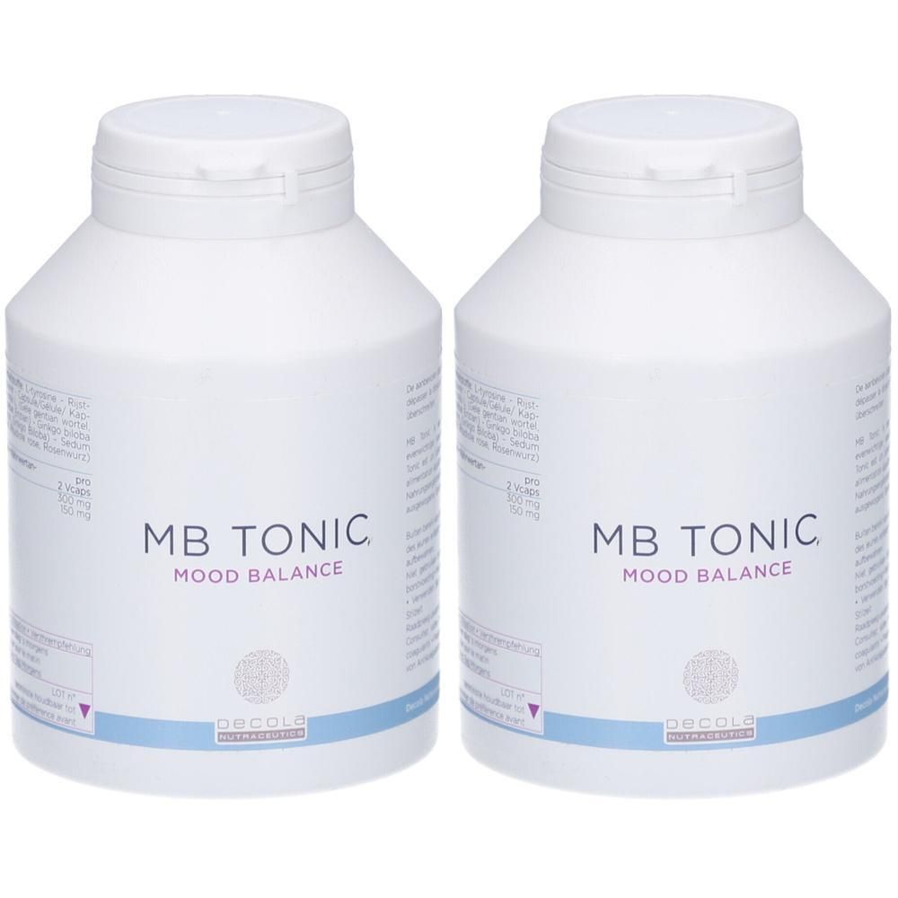 Deux flacons blancs avec bouchons. Inscription: MB TONIC MOOD BALANCE. En dessous, Decola Dermatologica.