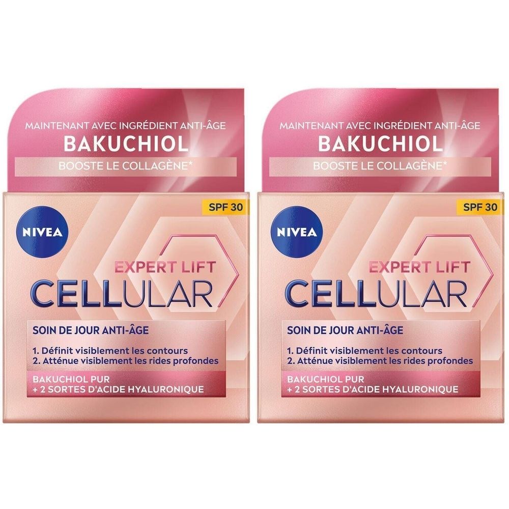 Deux boîtes de NIVEA Cellular Expert Lift. Design rose et blanc avec informations produit et SPF 30.