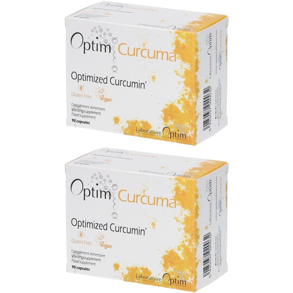 Deux boîtes blanches avec le logo "Optim Curcuma". Inscription : "Optimized Curcumin", "Gluten Free", "Vegan".