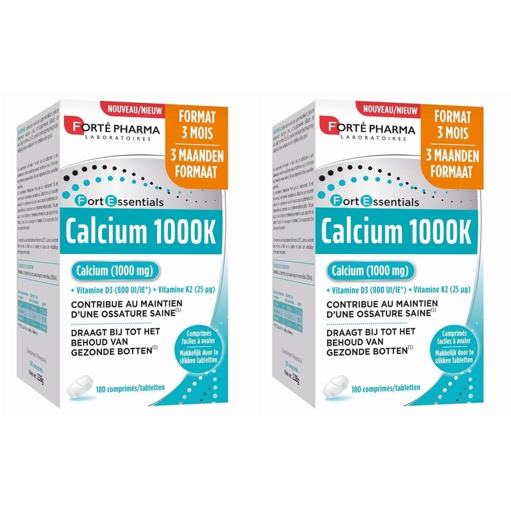 Deux boîtes de Forté Pharma Calcium 1000K. Comprimés blancs, 100 par boîte. Inscription : Calcium, Vitamine D3, Vitamine K2. Format 3 mois.
