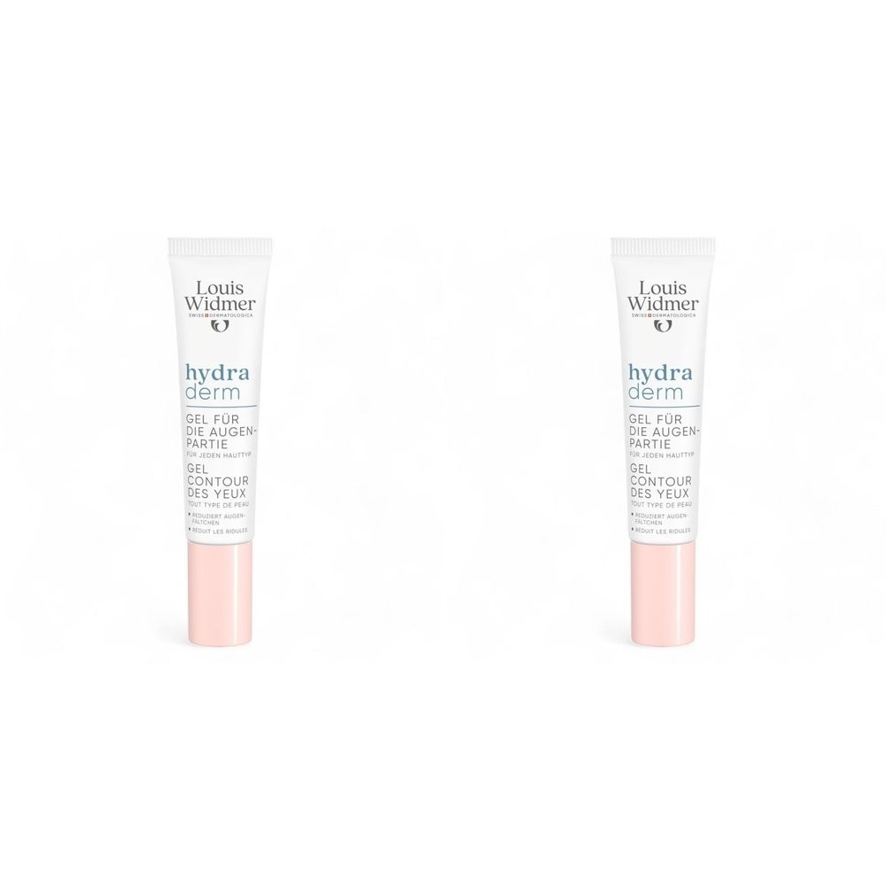 Deux tubes de gel Louis Widmer Hydraderm. Tubes blancs avec bouchon rose. Inscription: hydra derm, Gel pour le contour des yeux.