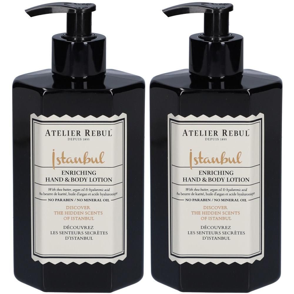 Deux flacons noirs avec pompe. Étiquette avec texte: ATELIER REBUL Istanbul, Lotion mains et corps.
