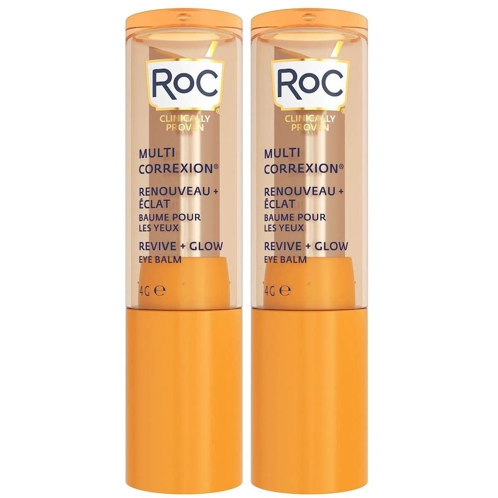 Deux sticks de soin des yeux dans des contenants orange. Nom du produit et de la marque visibles. Capuchon transparent.