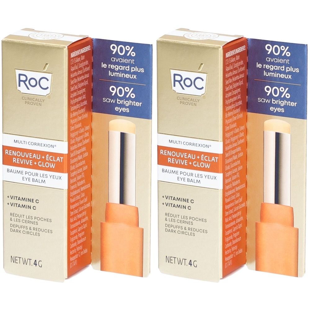 Deux boîtes de stick pour les yeux avec nom de produit et de marque. Emballage orange avec image du produit.