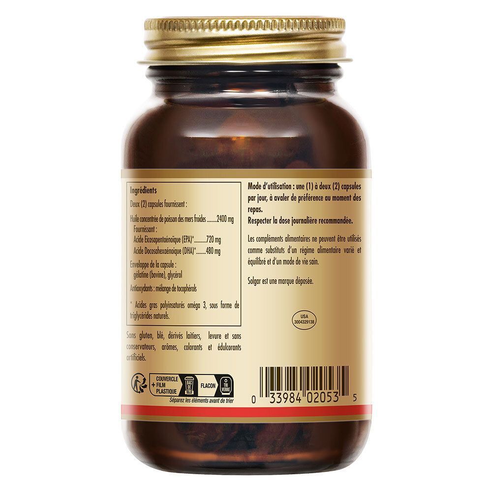 Dos du flacon en verre brun. Liste des ingrédients et instructions d'utilisation. Inscription : Oméga-3.