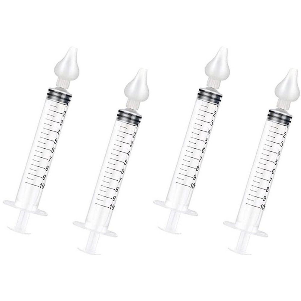 Quatre seringues avec embout nasal. Graduation jusqu'à 10. Cylindre transparent. Sans autre inscription.