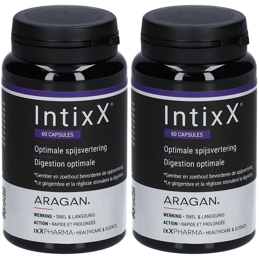 Deux flacons noirs avec étiquettes violettes. Inscription: IntixX, 60 gélules. Digestion optimale. Marque: ARAGAN.