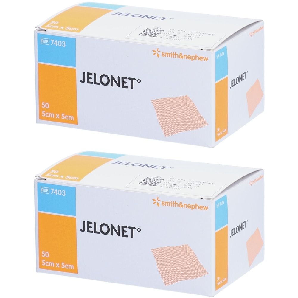 Deux boîtes de Jelonet. Inscription Jelonet, 50 pièces, 5 cm x 5 cm. Logo Smith & Nephew.