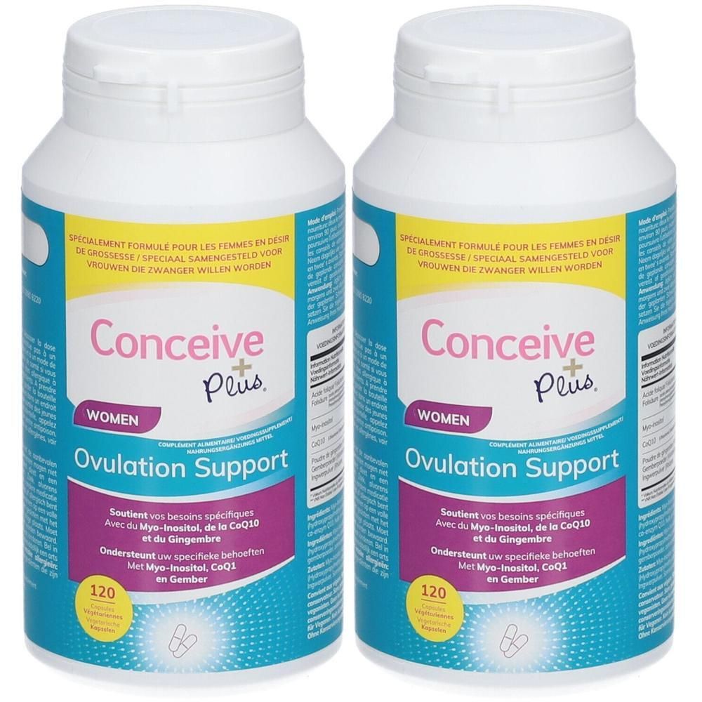 Deux flacons de Conceive Plus Women Ovulation Support. Flacons blancs avec étiquettes bleues et roses. Texte: 120 gélules.