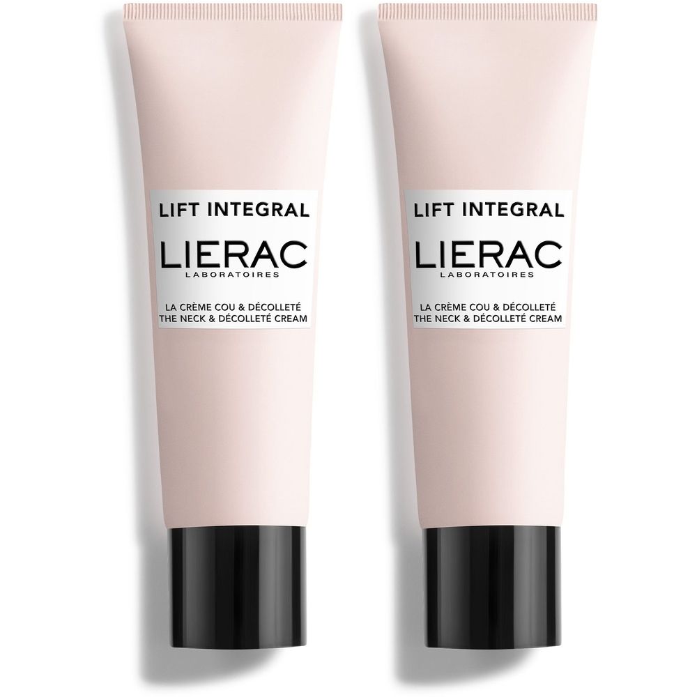 Deux tubes de crème. Tube rose avec bouchon noir. Inscription : Lierac Lift Integral, La Crème Cou & Décolleté.