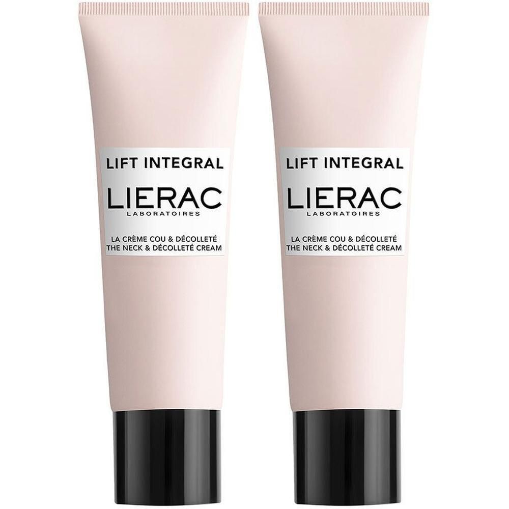 Deux tubes de crème. Tube rose avec bouchon noir. Inscription : Lierac Lift Integral, La Crème Cou & Décolleté.