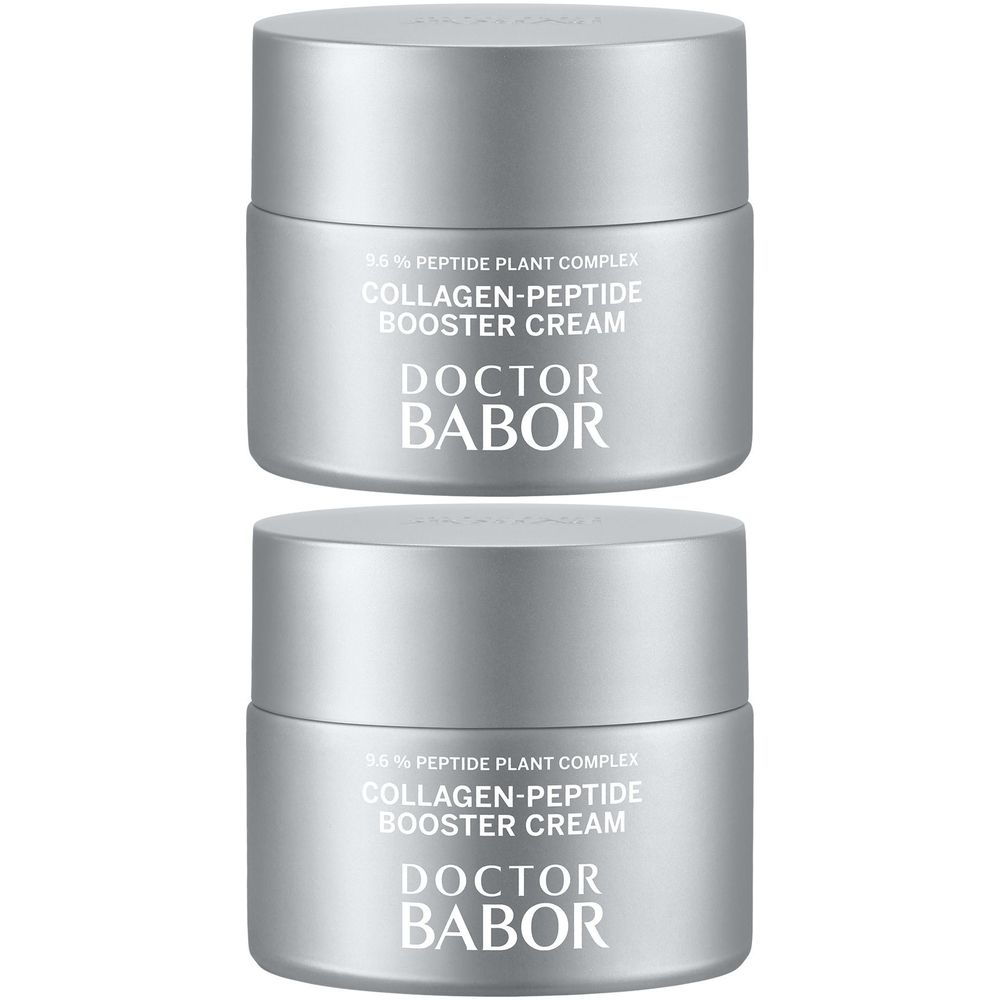 Deux pots argentés superposés. Inscription: Doctor Babor, Collagen-Peptide Booster Cream.