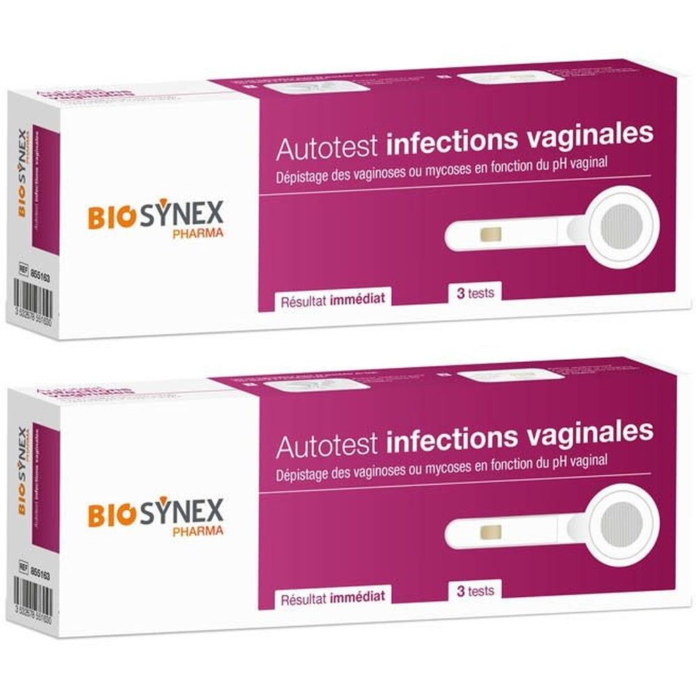 Deux boîtes BIOSYNEX. Texte: Autotest infections vaginales. Contient des bâtonnets de test. Emballage pour 3 tests.