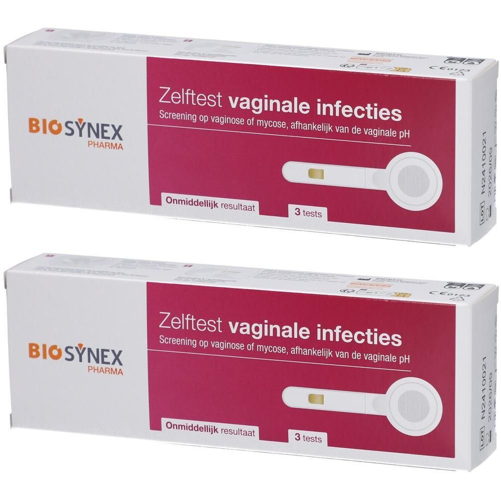 Deux boîtes BIOSYNEX. Texte: Zelftest vaginale infecties. Contient des bâtonnets de test. Emballage pour 3 tests.