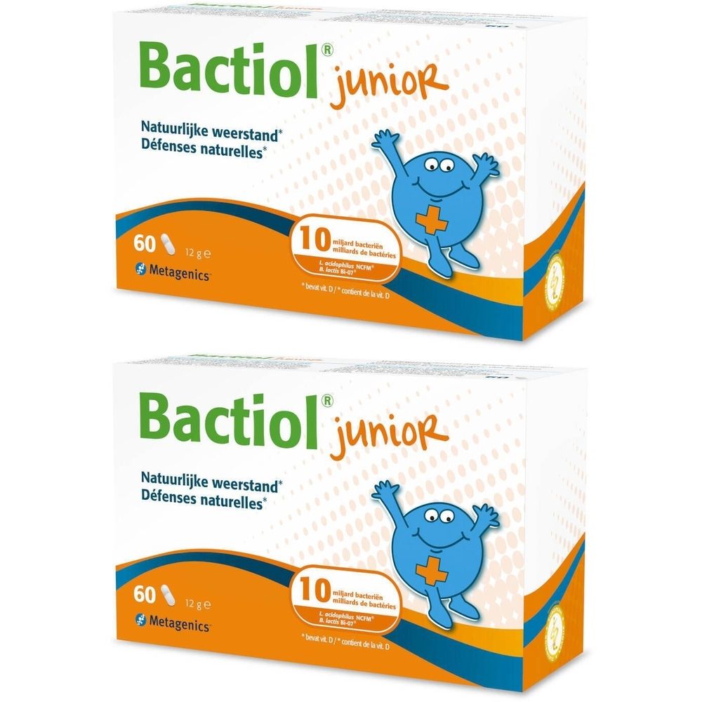Deux boîtes de "Bactiol junior". Inscription "Défenses naturelles". 60 sachets, 12 g. Avec mascotte bleue.