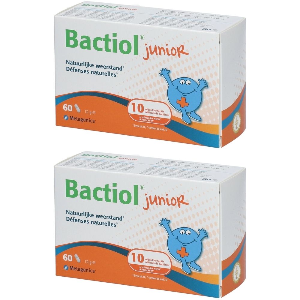 Deux boîtes de "Bactiol junior". Inscription "Défenses naturelles". 60 sachets, 12 g. Avec mascotte bleue.