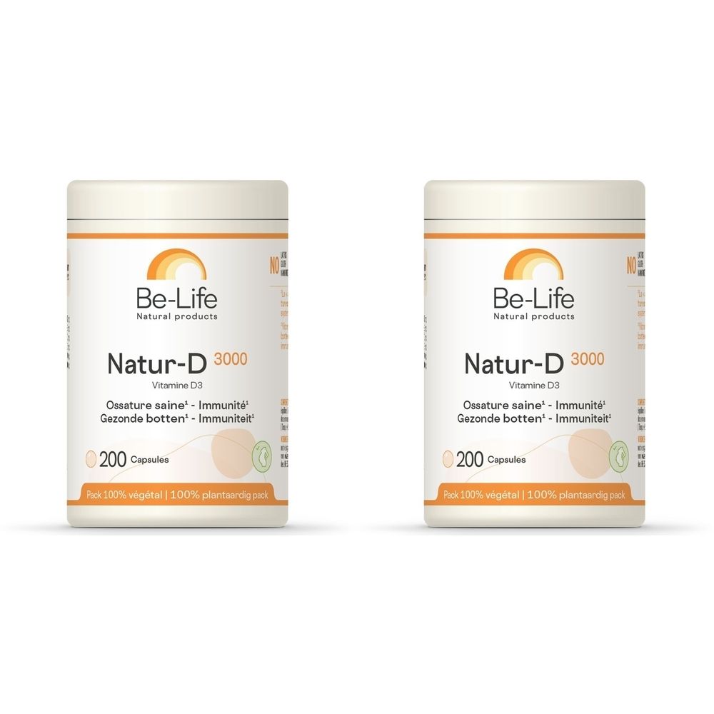 Deux boîtes blanches avec étiquette orange. Inscription : Be-Life Natur-D 3000, 200 capsules. Vitamine D3.