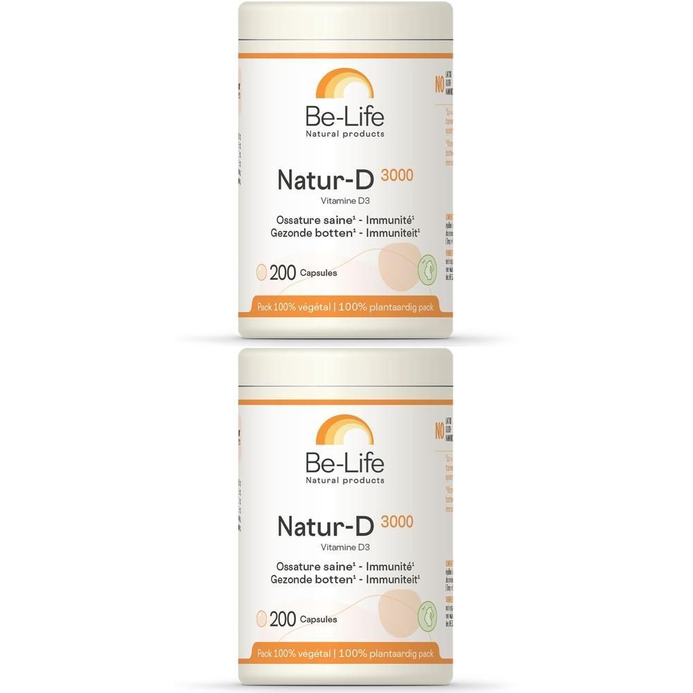 Deux boîtes blanches avec étiquette orange. Inscription : Be-Life Natur-D 3000, 200 capsules. Vitamine D3.