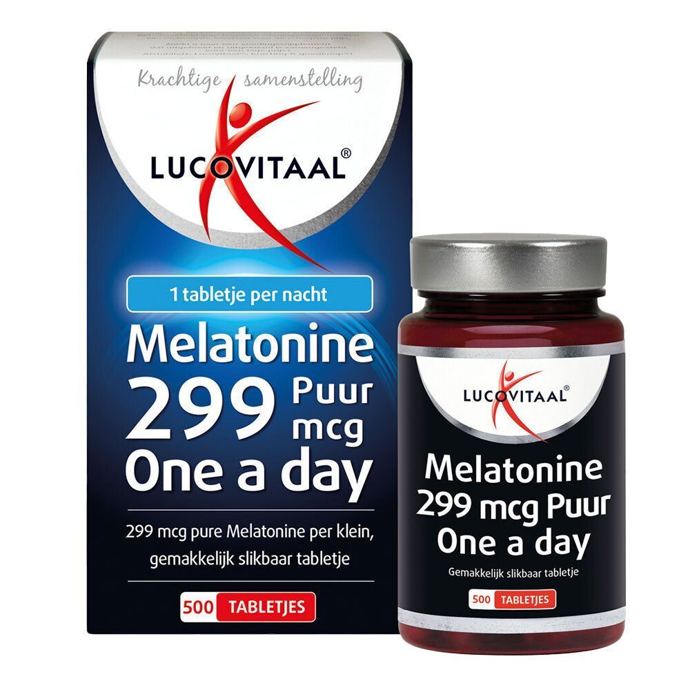 Un flacon et une boîte. Inscription : Mélatonine 299 mcg Puur, One a day. 500 comprimés. Marque Lucovitaal. Emballage bleu.