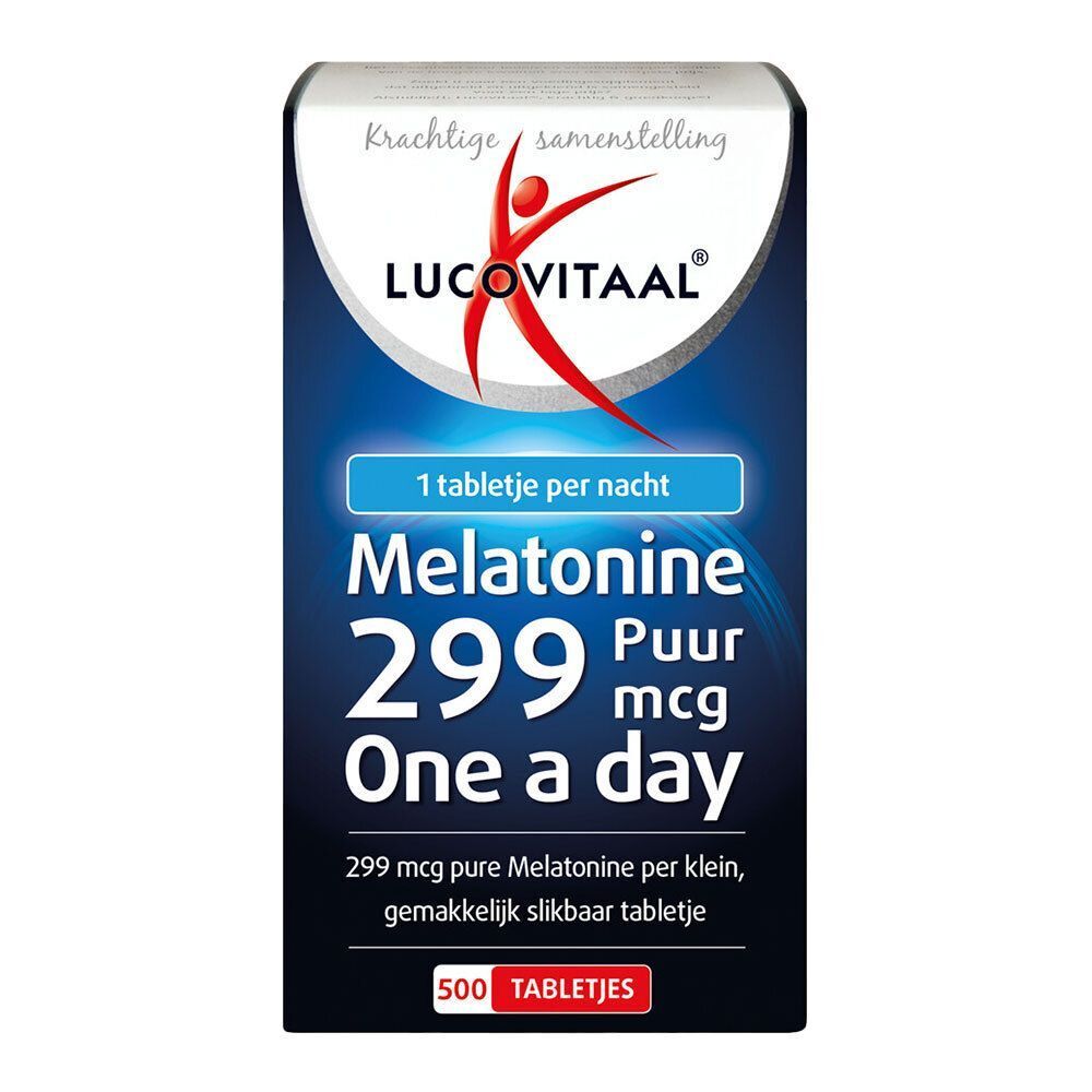 Boîte bleue. Inscription : Mélatonine 299 mcg Puur, One a day. 500 comprimés. Marque Lucovitaal. Texte : 1 comprimé par nuit.