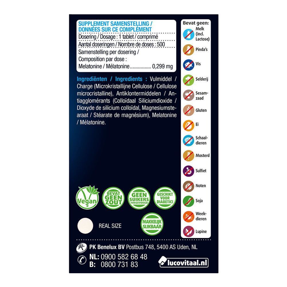 Dos de l'emballage. Contient des informations sur les ingrédients, le dosage et les allergènes. Marque Lucovitaal.