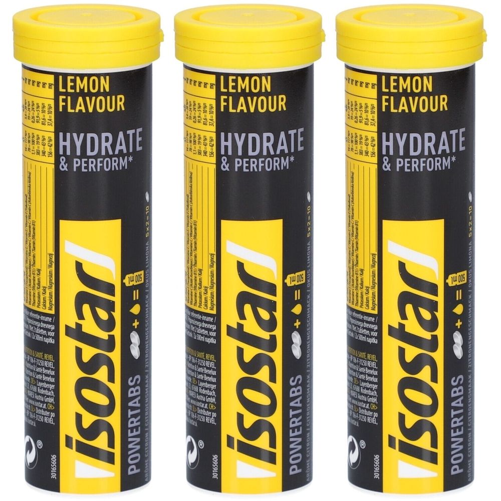 Trois tubes cylindriques avec couvercles jaunes. Inscription : Lemon Flavour, Hydrate & Perform, Isostar Powertabs. Fond noir avec accents jaunes.