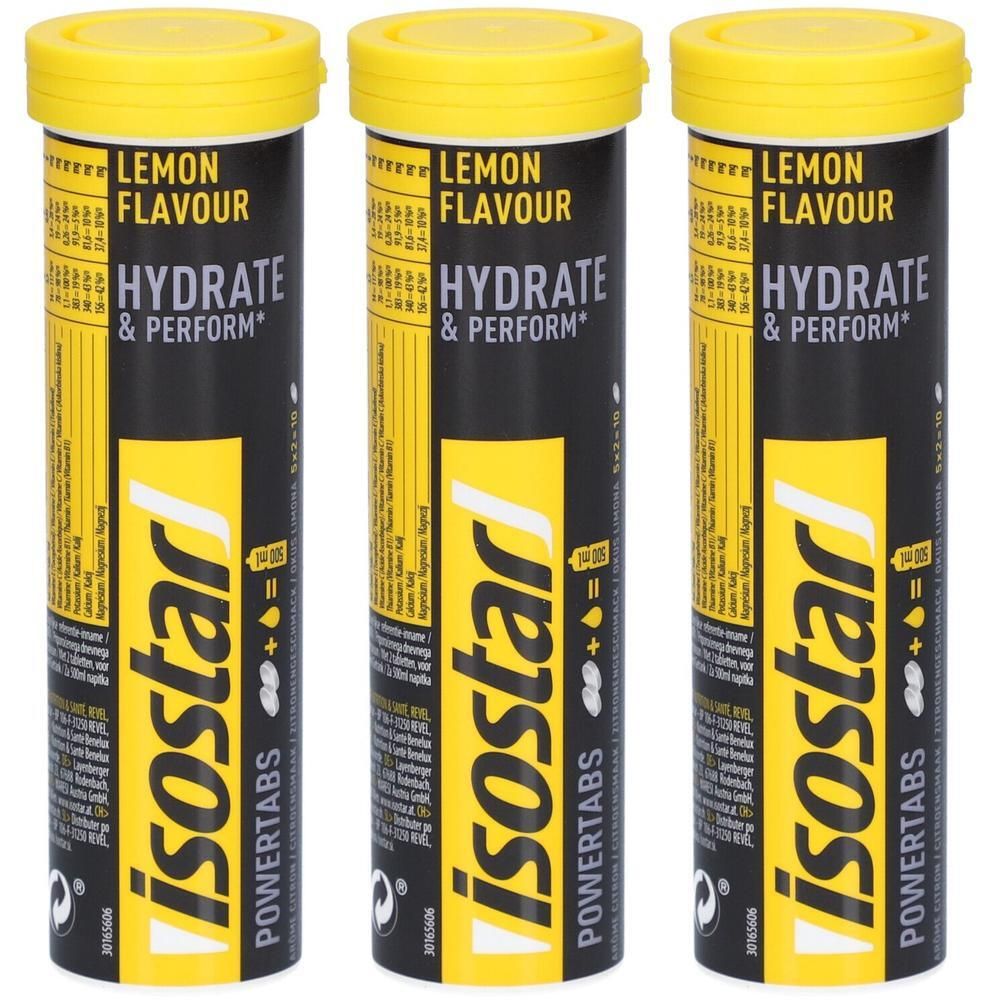 Trois tubes cylindriques avec couvercles jaunes. Inscription: Isostar Powertabs, Lemon Flavour, Hydrate & Perform.