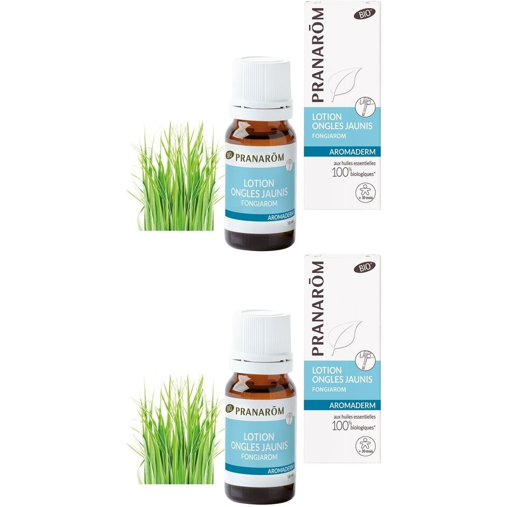 Flacon en verre brun avec bouchon blanc et étiquette. Boîte avec informations produit à côté. Les deux affichent la marque PRANAROM.