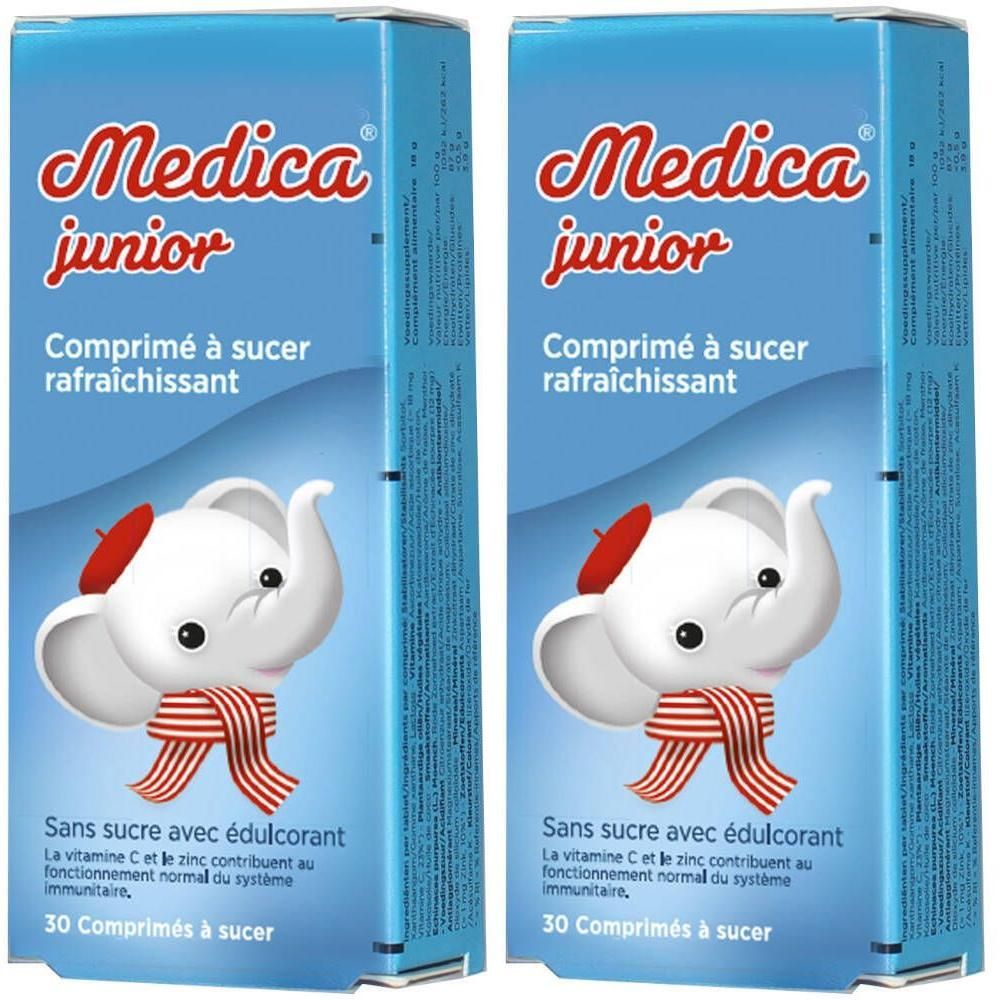 Deux boîtes bleues avec logo "Medica junior", éléphant dessiné et texte. "Comprimés à sucer rafraîchissant" et "Sans sucre avec édulcorant".