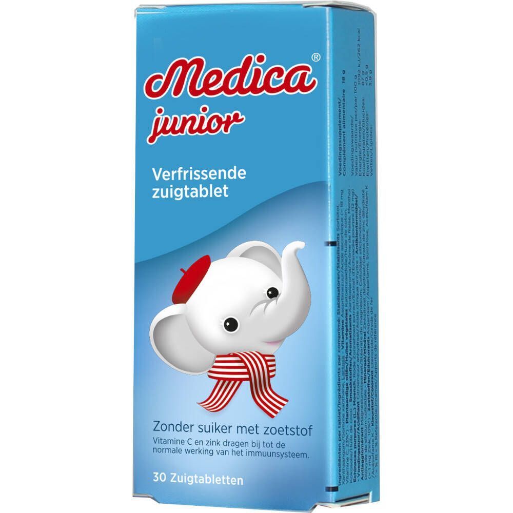 Boîte bleue avec logo "Medica junior", éléphant dessiné et texte. "Verfrissende zuigtablet" et "Zonder suiker met zoetstof".