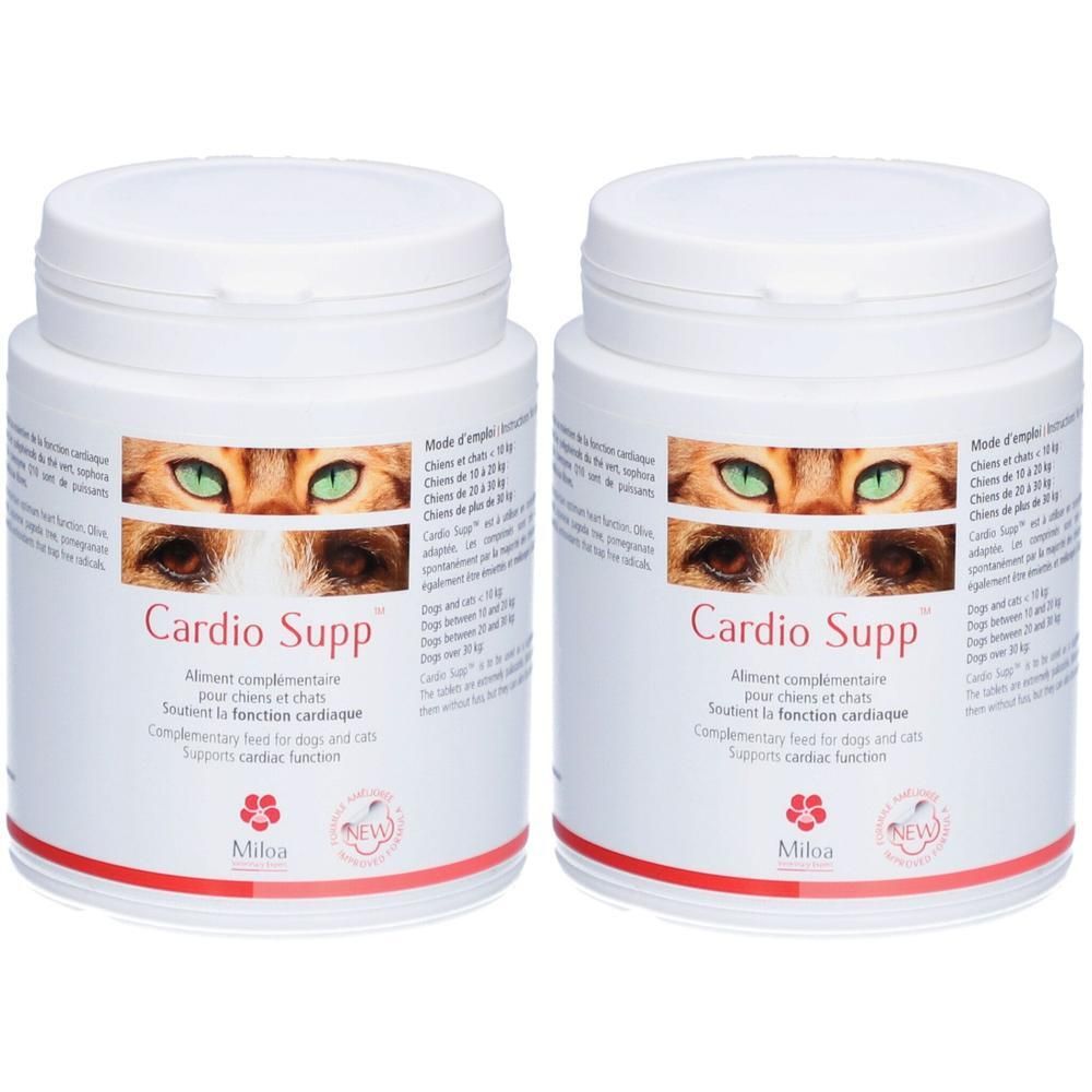 Deux pots blancs avec couvercles rouges. Inscription Cardio Supp, yeux de chat. Marque Miloa.