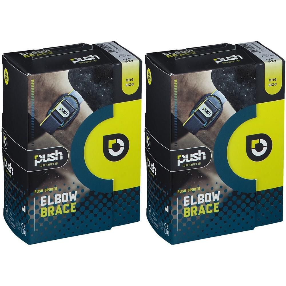 Deux boîtes de coudières Push Sports. Emballage noir et jaune. Inscription : ELBOW BRACE, Taille unique.