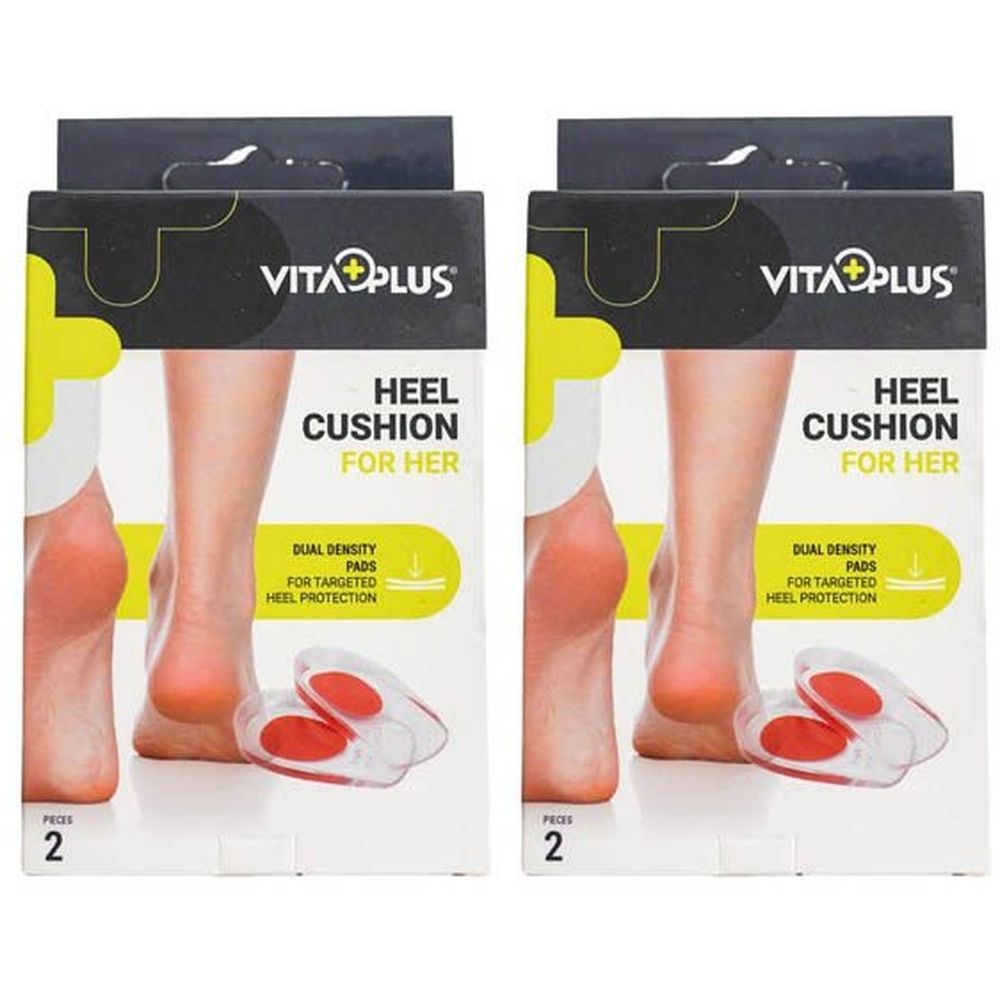 Deux boîtes de coussinets pour talons. Inscription : Vita Plus, Heel Cushion for Her. Pads double densité pour protection du talon. Paquet de 2.