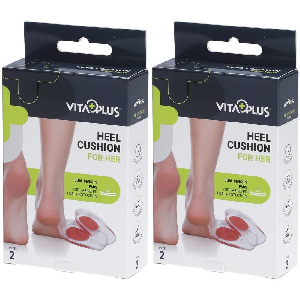 Deux boîtes de coussinets pour talons. Inscription : Vita Plus, Heel Cushion for Her. Pads double densité pour protection du talon. Paquet de 2.