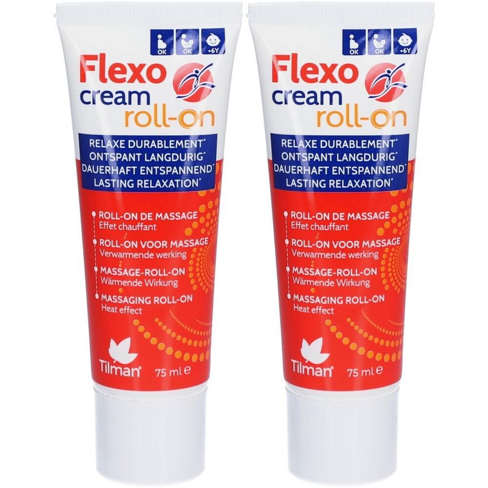 Deux tubes de Flexo cream Roll-on. Blanc, avec texte rouge et bleu. 75 ml. Nom du produit et logo visibles.