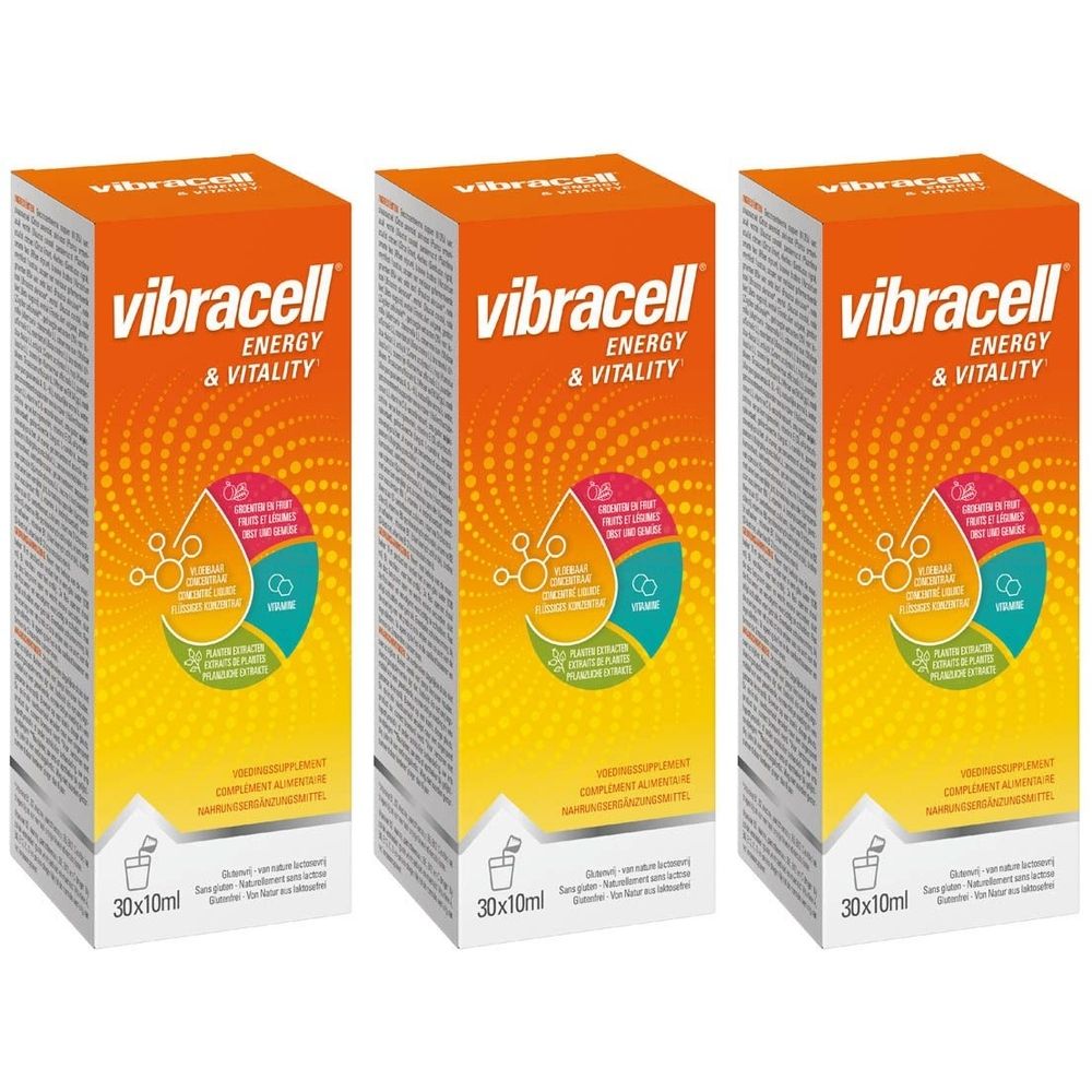 Trois boîtes Vibracell Energy & Vitality. Chaque emballage présente un graphique coloré et l'indication 30x10ml.