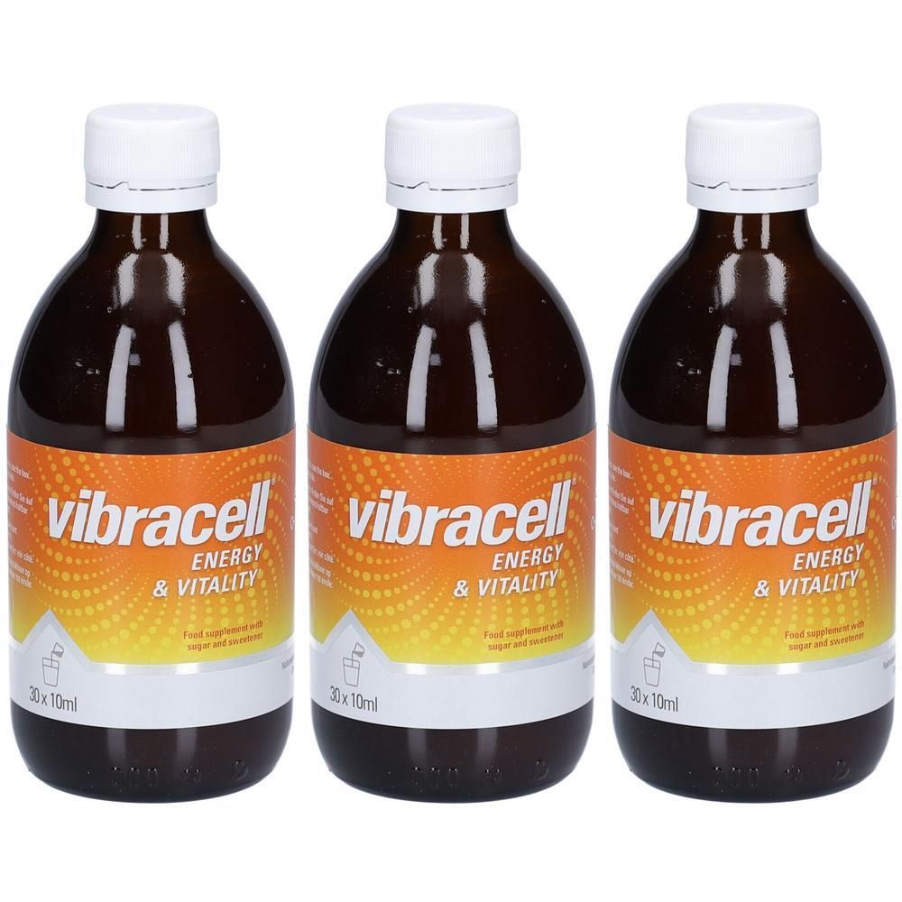 Trois bouteilles de Vibracell Energy & Vitality. Bouteilles en verre brun avec bouchon blanc et étiquette. Inscription : Vibracell, Energy & Vitality.