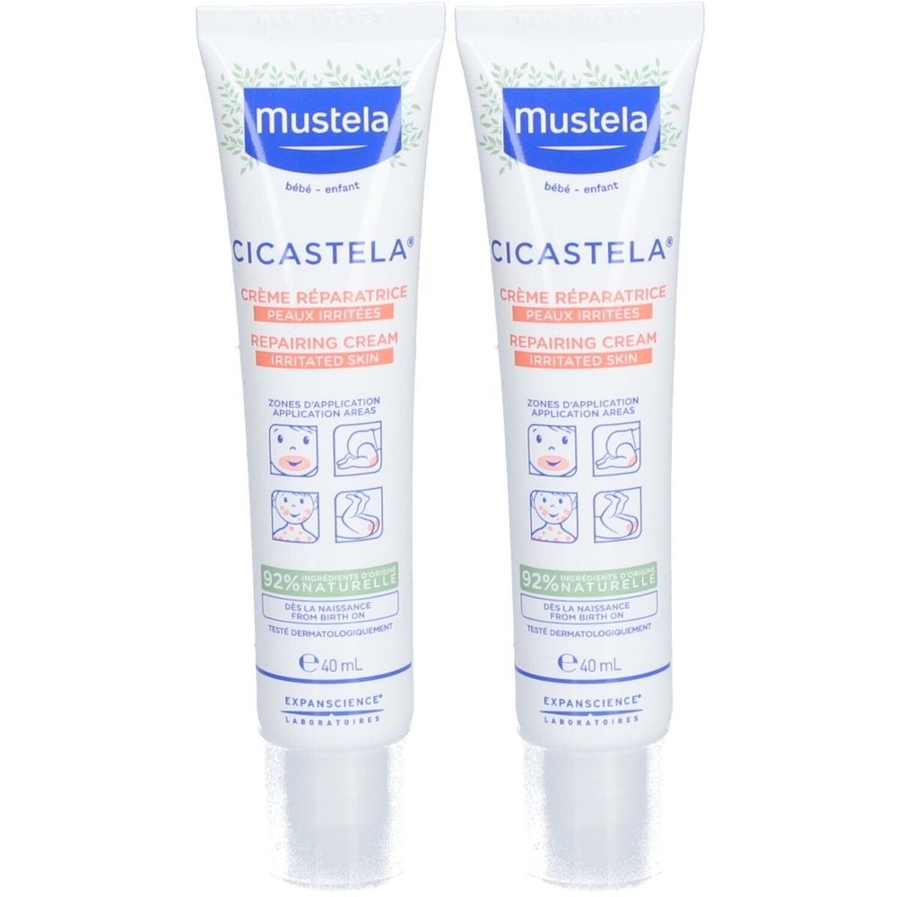 Deux tubes de Mustela CICASTELA Crème réparatrice. Tubes blancs, bouchon bleu, texte. 92% d'ingrédients naturels.
