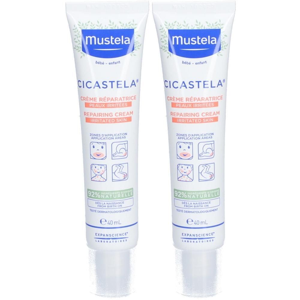 Deux tubes de Mustela CICASTELA Crème réparatrice. Tubes blancs, bouchon bleu, texte. 92% d'ingrédients naturels.