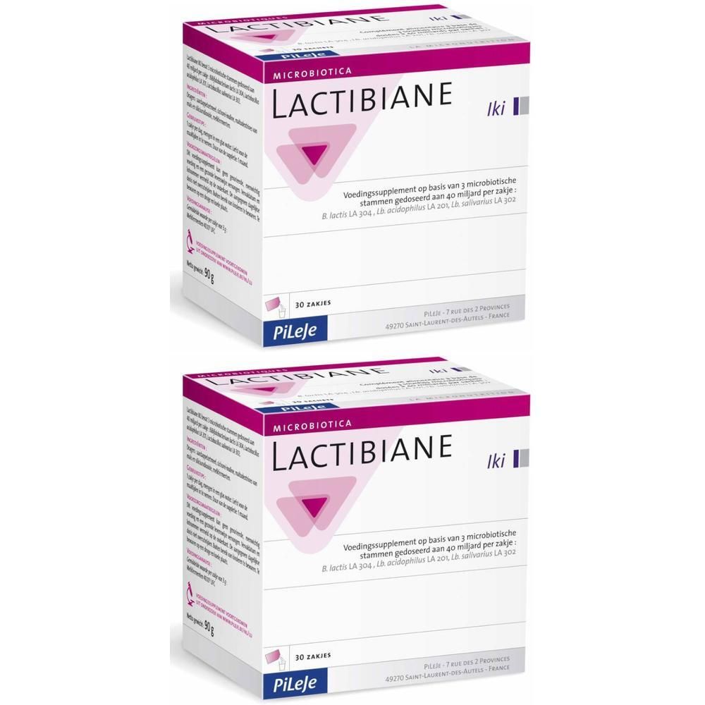Deux boîtes de LACTIBIANE Iki. Boîtes blanches avec logo et texte roses. Inscription : Microbiotica, 30 sachets.