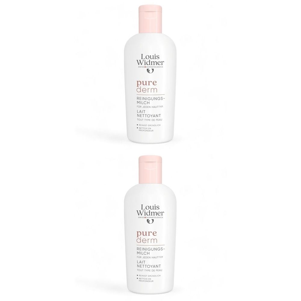 Deux flacons de Lait Nettoyant Louis Widmer Purederm. Flacons blancs avec bouchons roses. Inscription : pure derm, Lait Nettoyant, tout type de peau.