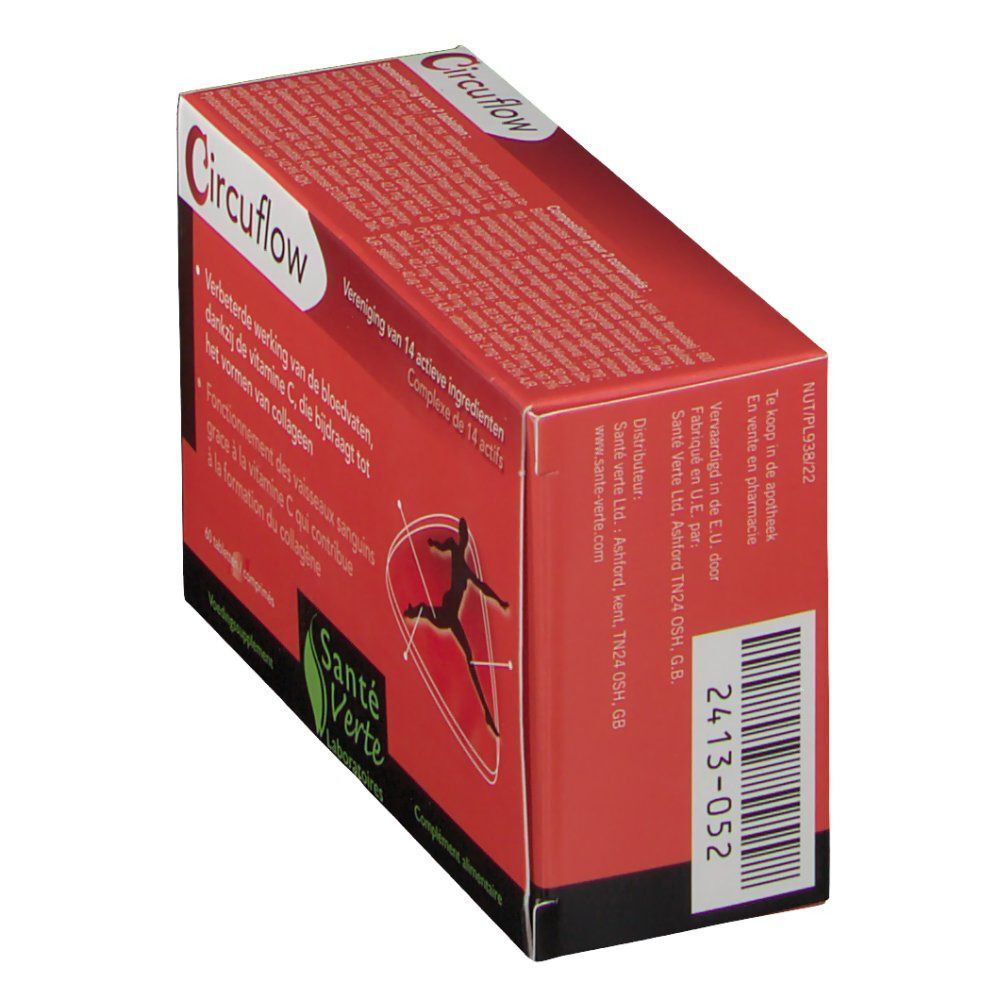Boîte rouge "Circuflow". Inscription: "Verbeterde werking van de bloedvaten". Marque: Santé Verte. Code-barres et texte sur le côté.