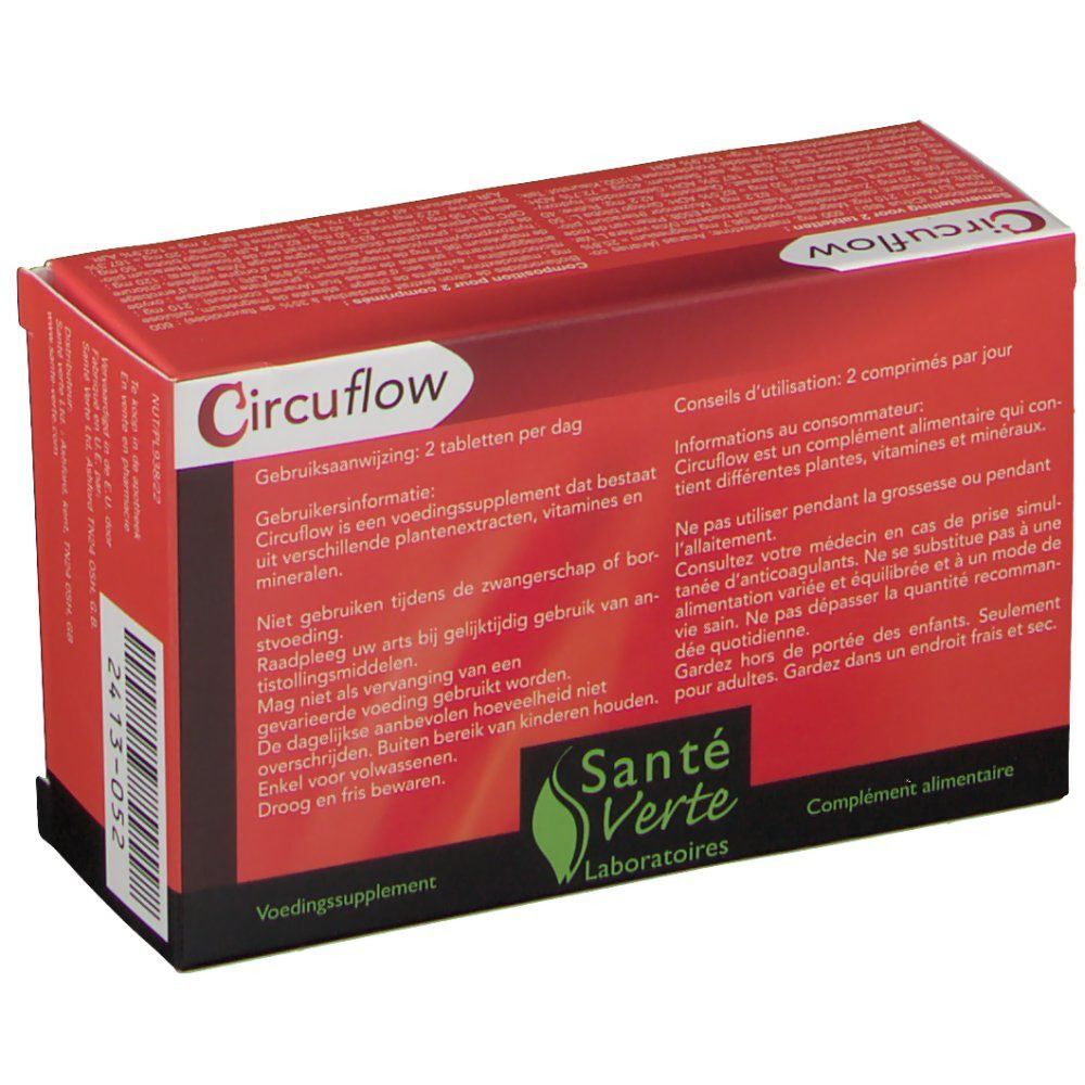 Boîte rouge "Circuflow". Inscription: "Gebruiksaanwijzing: 2 tabletten per dag". Marque: Santé Verte. Texte sur les ingrédients et l'utilisation.