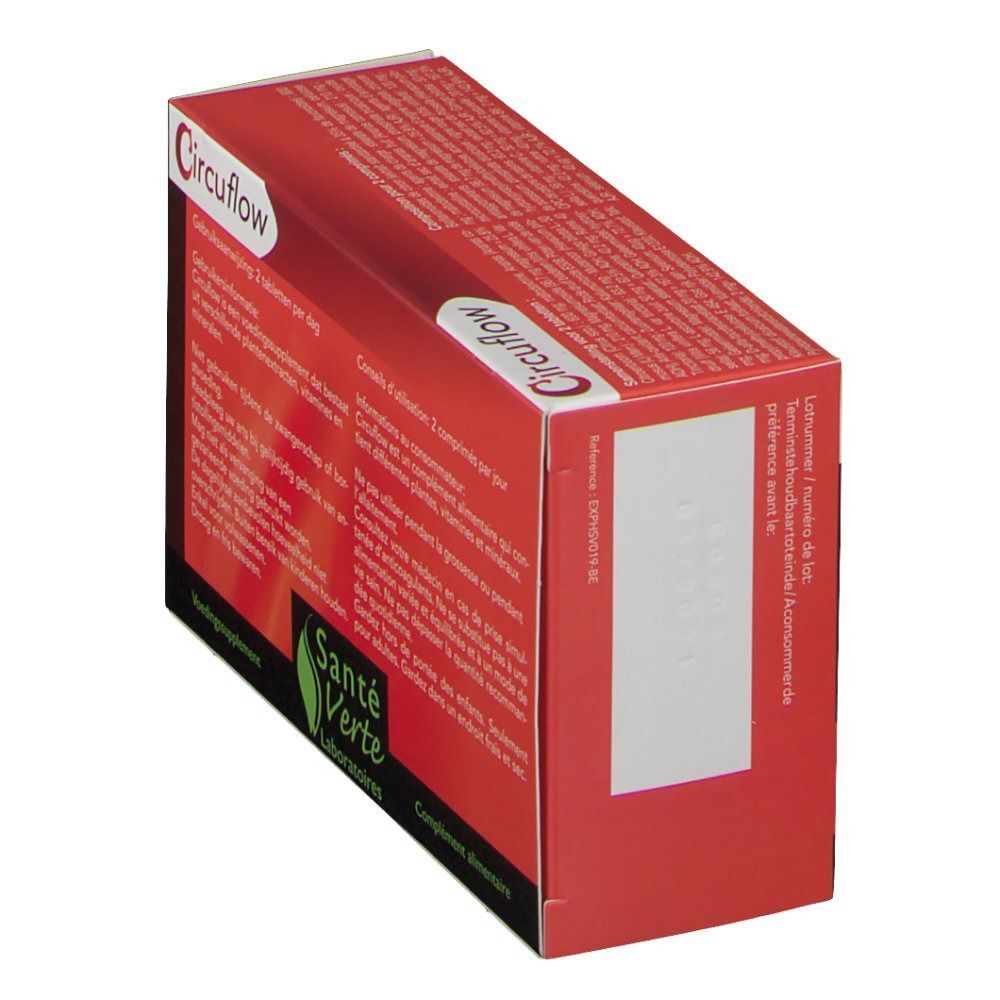 Boîte rouge "Circuflow". Marque: Santé Verte. Texte sur les ingrédients et l'utilisation. Un champ blanc sur le côté.