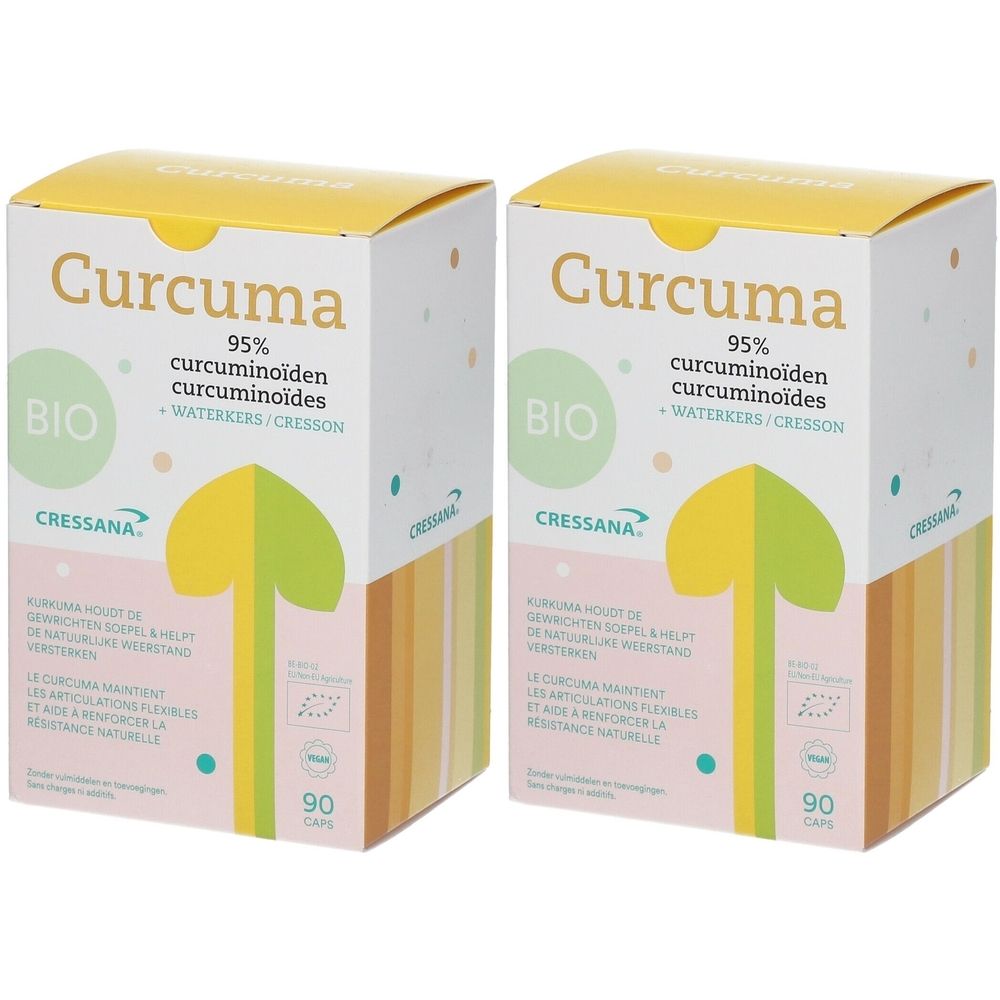 Deux boîtes avec couvercle jaune. Inscription Curcuma, 95% curcuminoïdes, label BIO. 90 capsules. Logo CRESSANA®.
