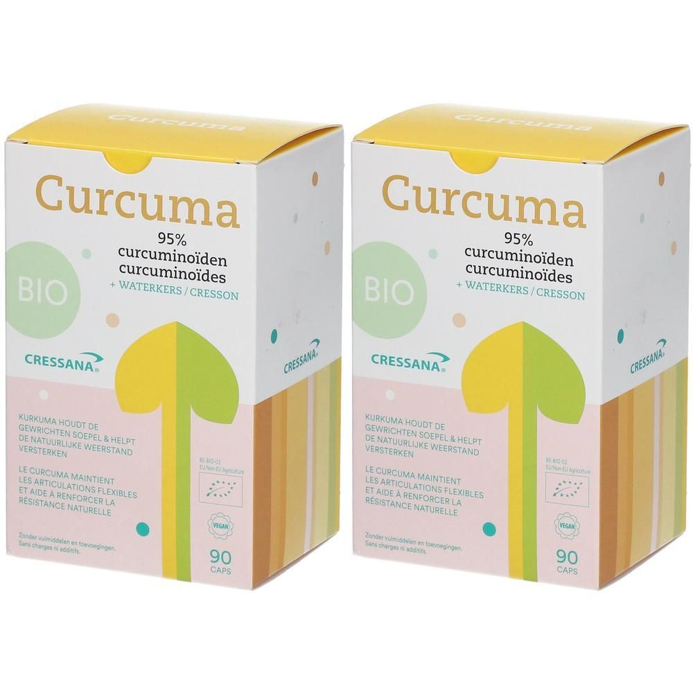 Deux boîtes avec couvercle jaune. Inscription Curcuma, 95% curcuminoïdes, label BIO. 90 capsules. Logo CRESSANA®.